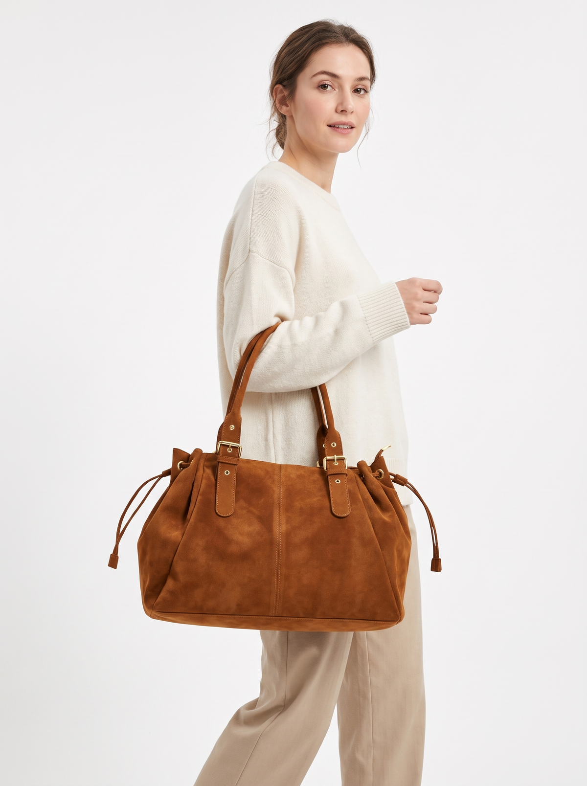 Structured Suede-Finish Tote with Side Cinches