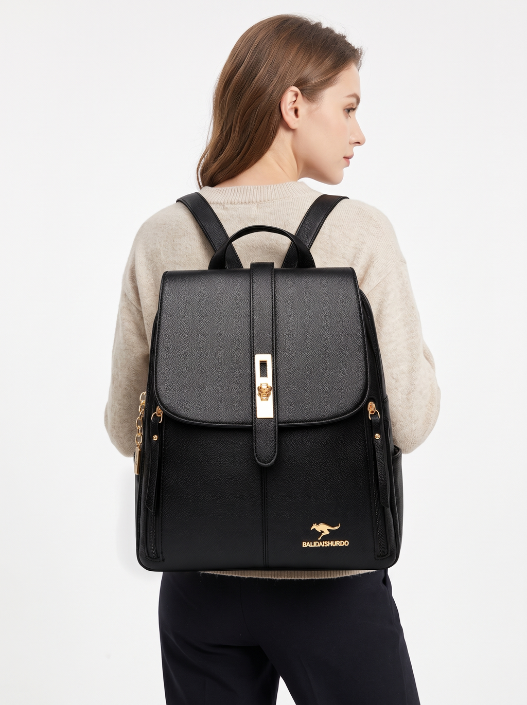 Structured Vegan Leather Backpack with Buckle Flap