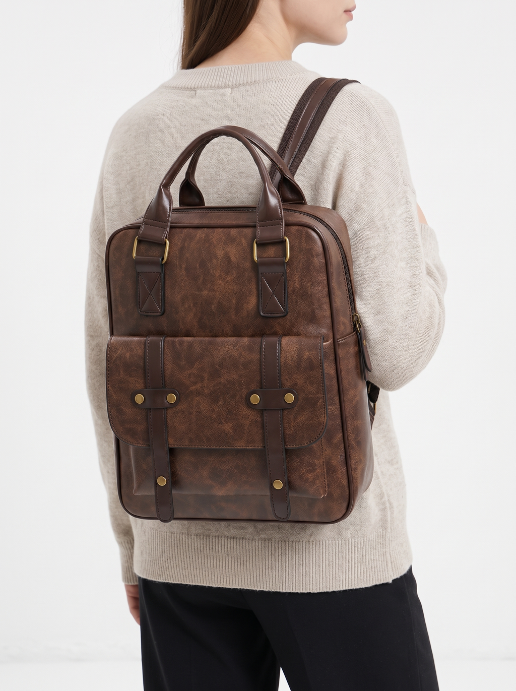 Vintage Vegan Leather Backpack with Buckle Flap