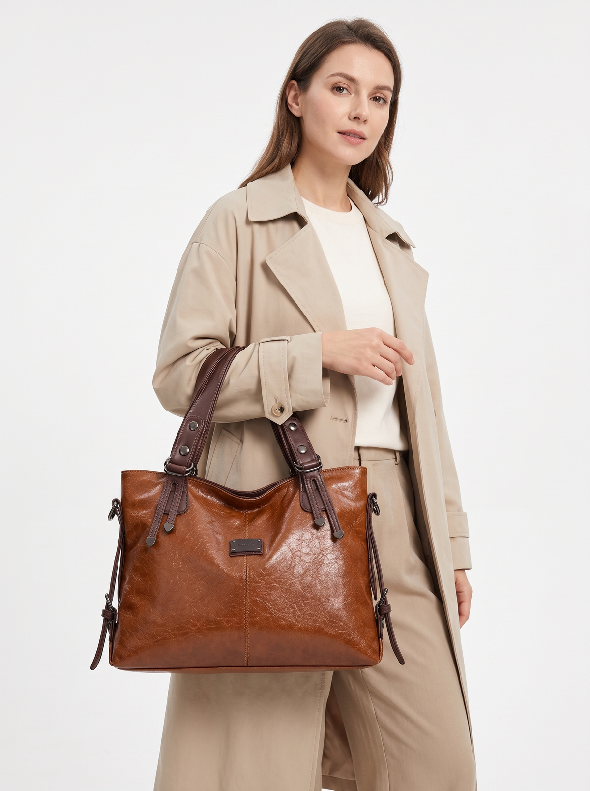 Soft Vegan Leather Tote with Belted Handles