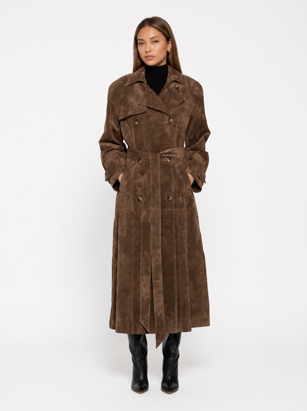 Long Faux Suede Trench Coat with Belt