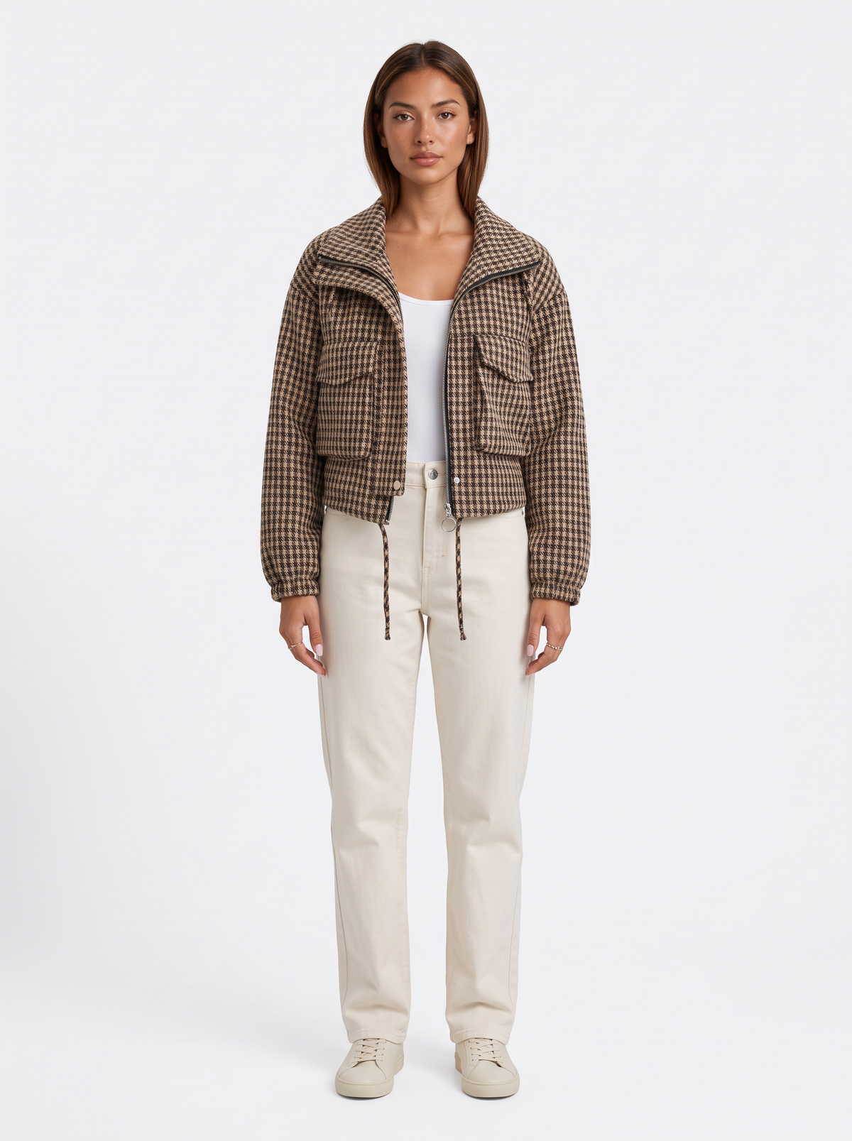 Cropped Houndstooth Zip Jacket with Drawstring Hem