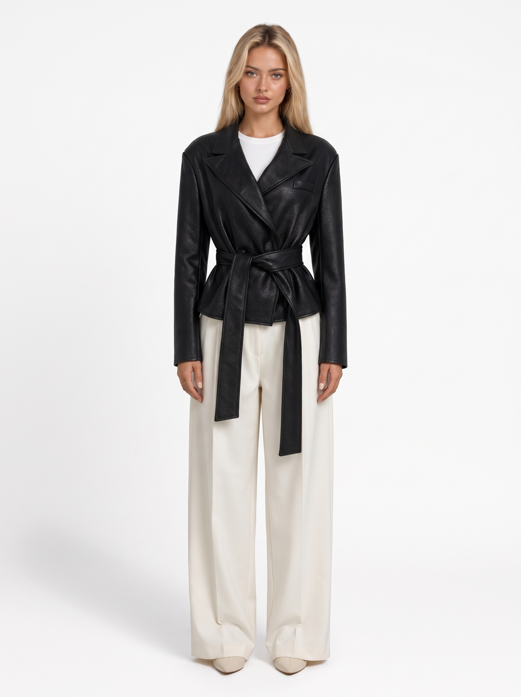 Faux Leather Peplum Jacket with Tie Belt