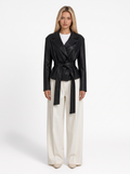 Faux Leather Peplum Jacket with Tie Belt