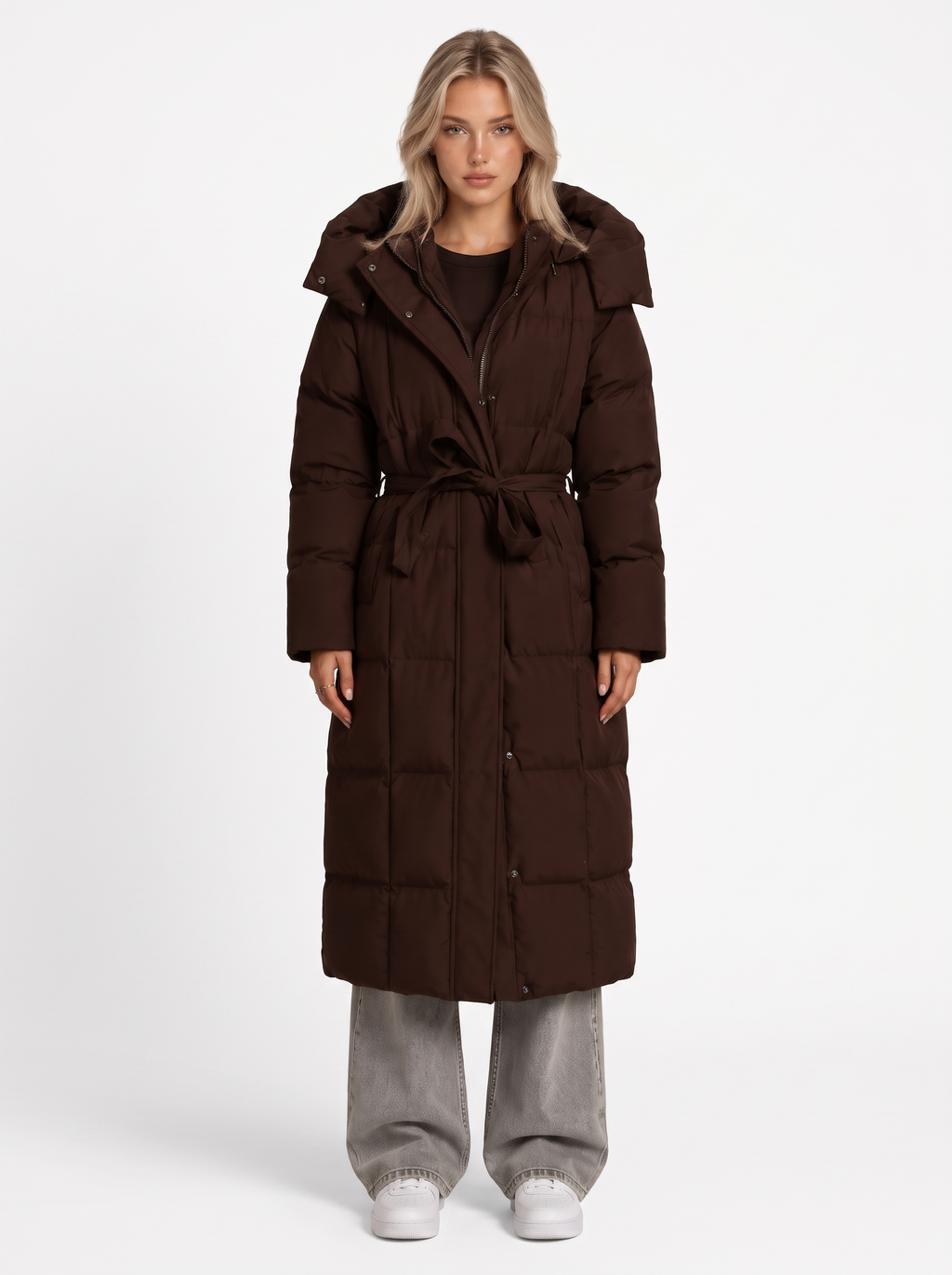 Long Hooded Padded Coat with Tie Belt
