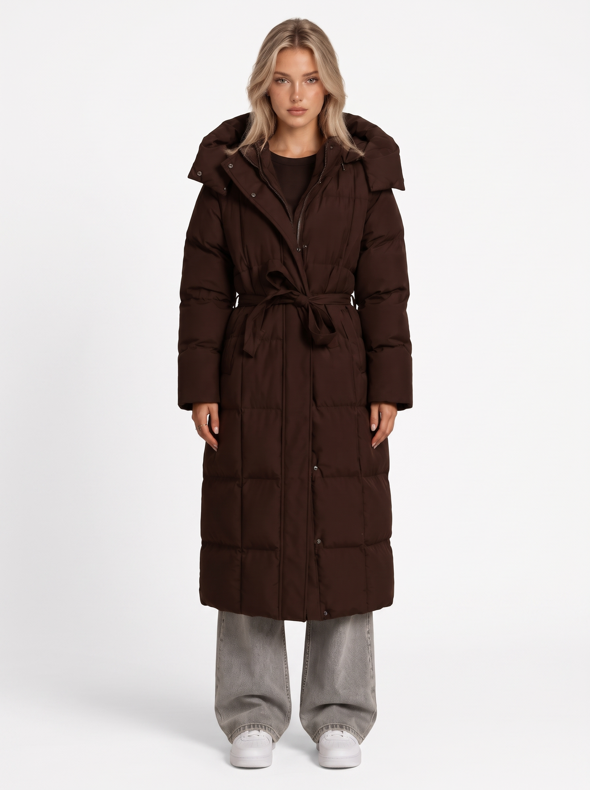 Long Hooded Padded Coat with Tie Belt