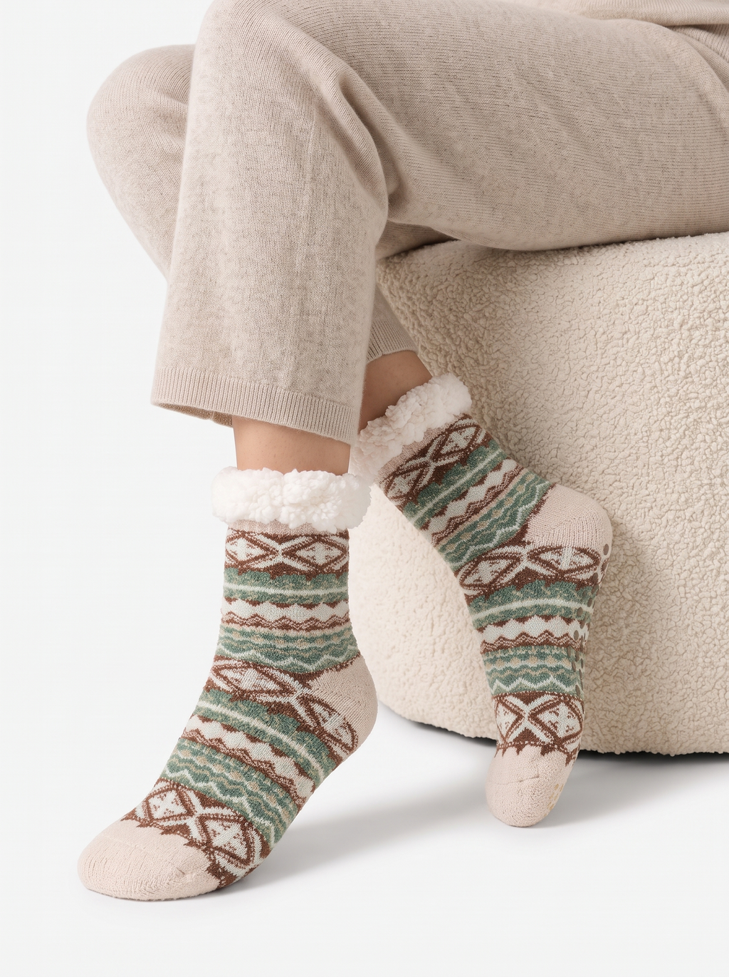 Thick Nordic slipper socks with plush lining and non-slip soles
