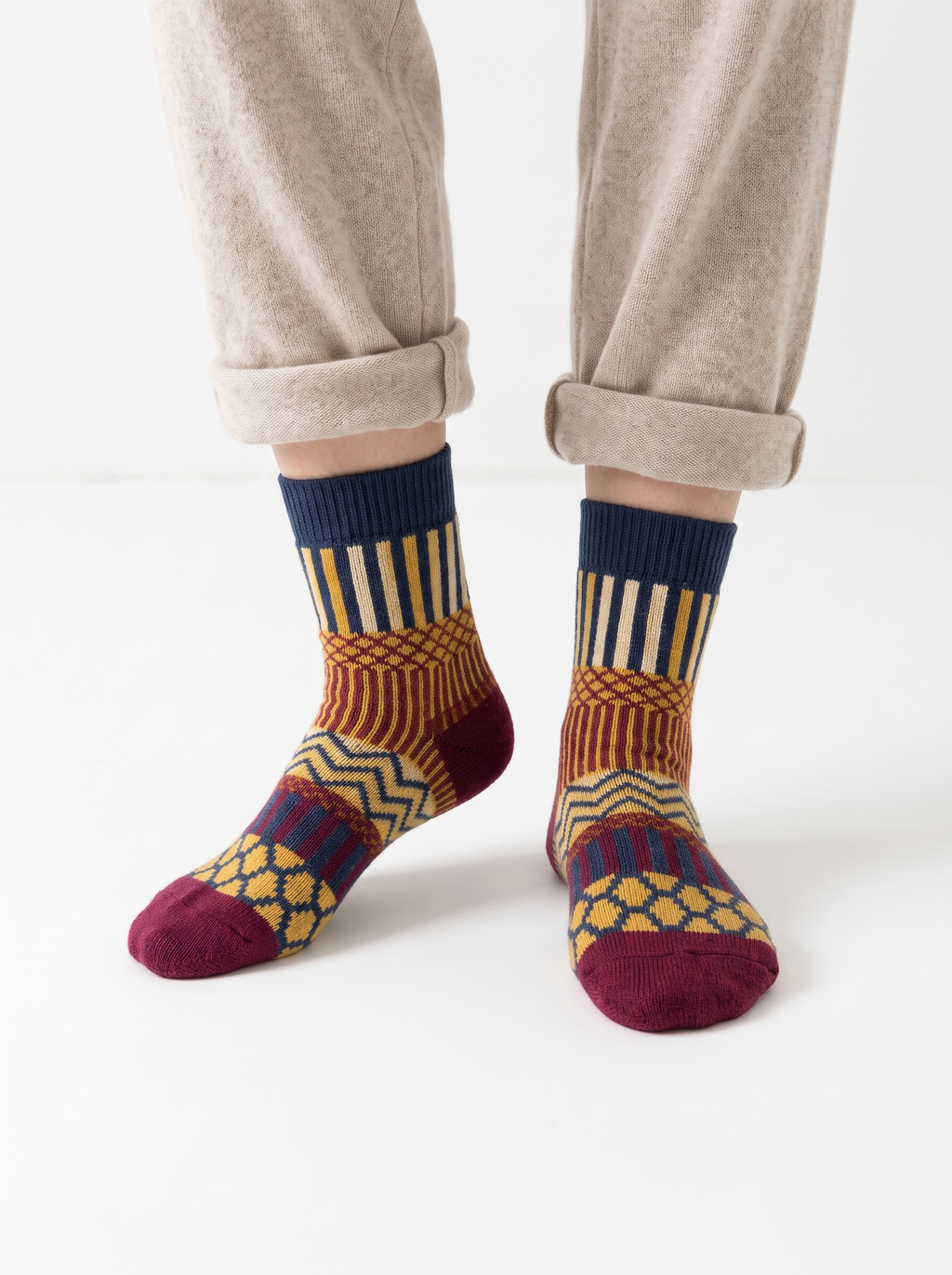 Navy and mustard Scandinavian pattern wool socks worn