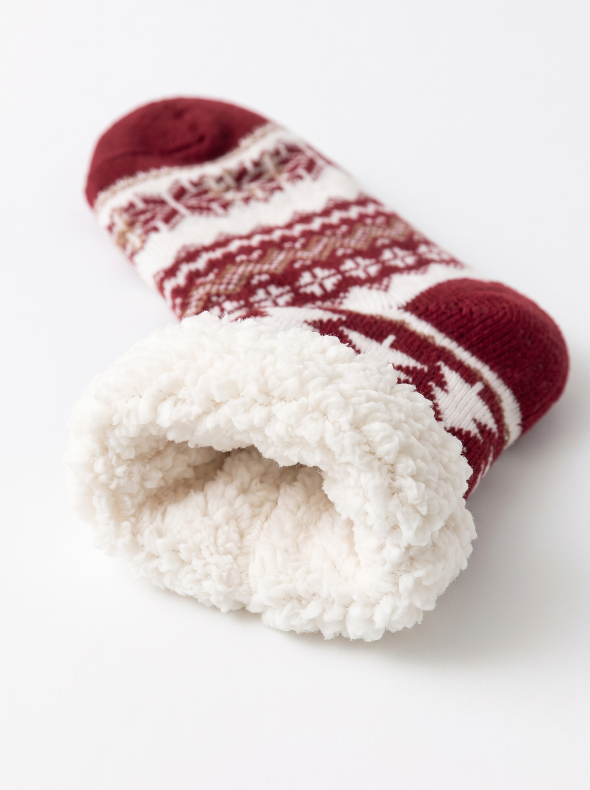 Plush faux lambswool lining of Christmas slipper socks