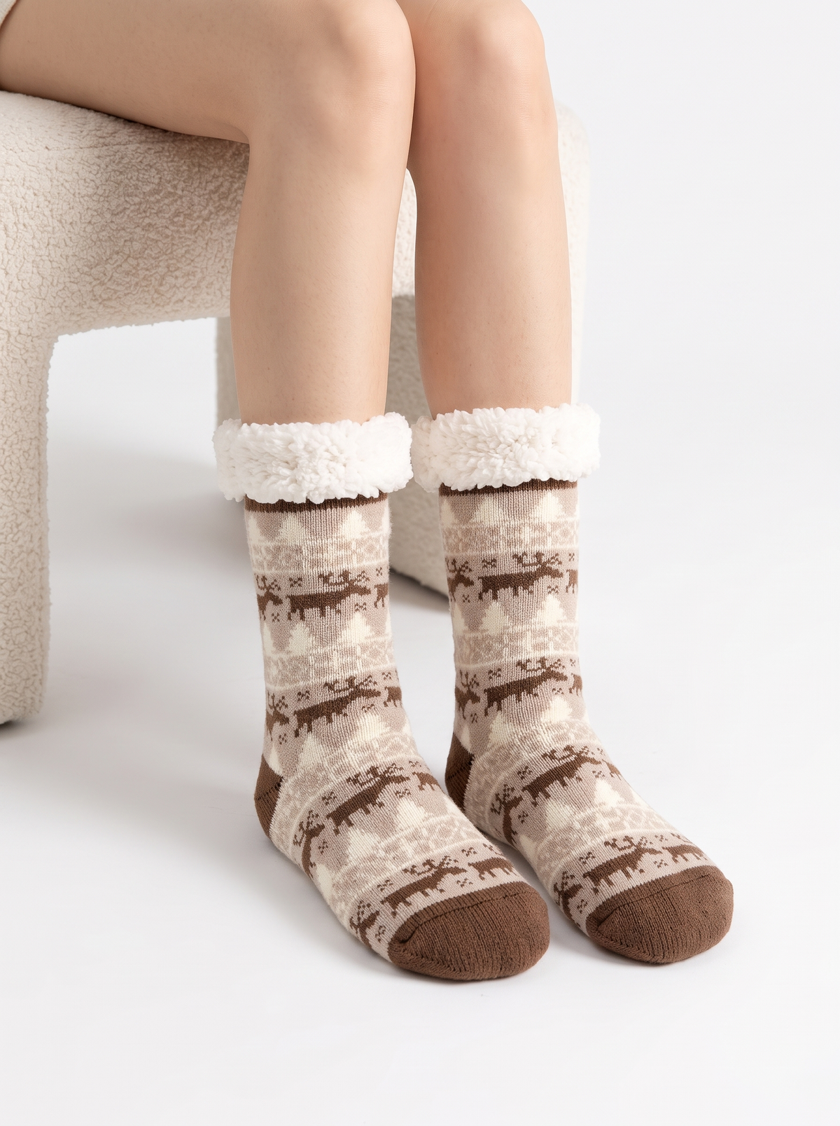 Women's fluffy Christmas socks, coffee elk design