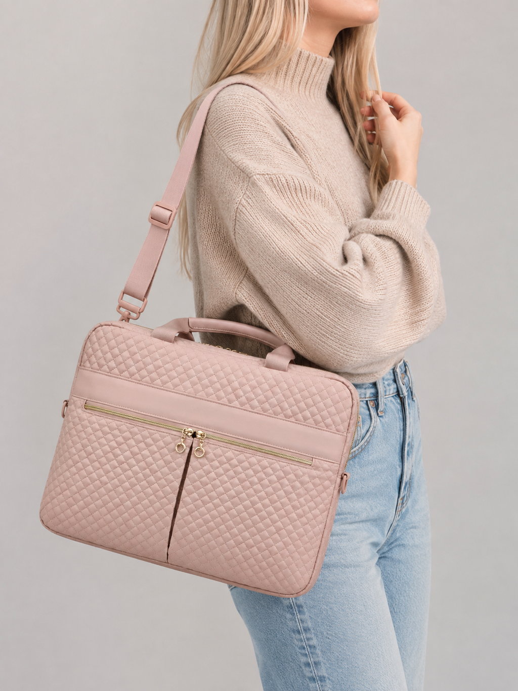 Quilted Laptop Bag with Front Zip Pockets