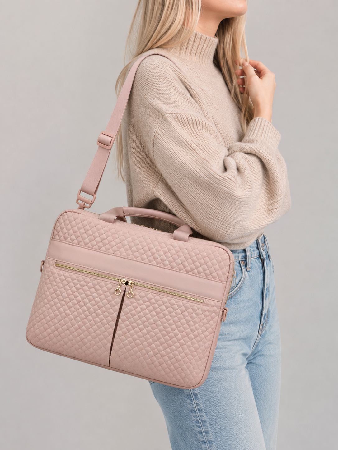 Quilted Laptop Bag with Front Zip Pockets