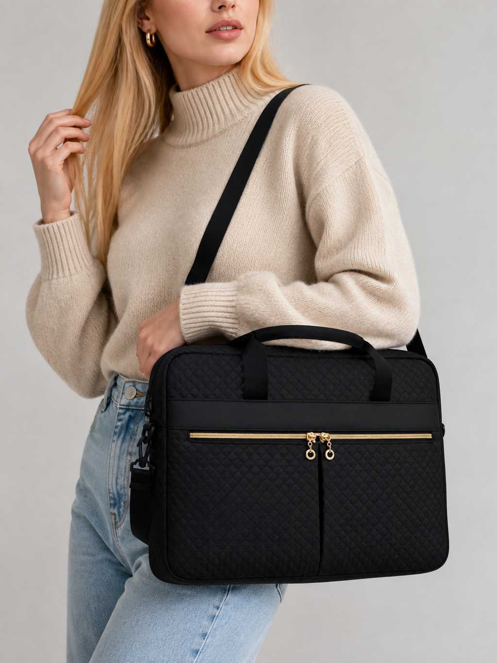 Quilted Laptop Bag with Front Zip Pockets