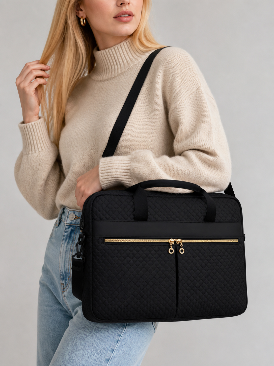 Quilted Laptop Bag with Front Zip Pockets
