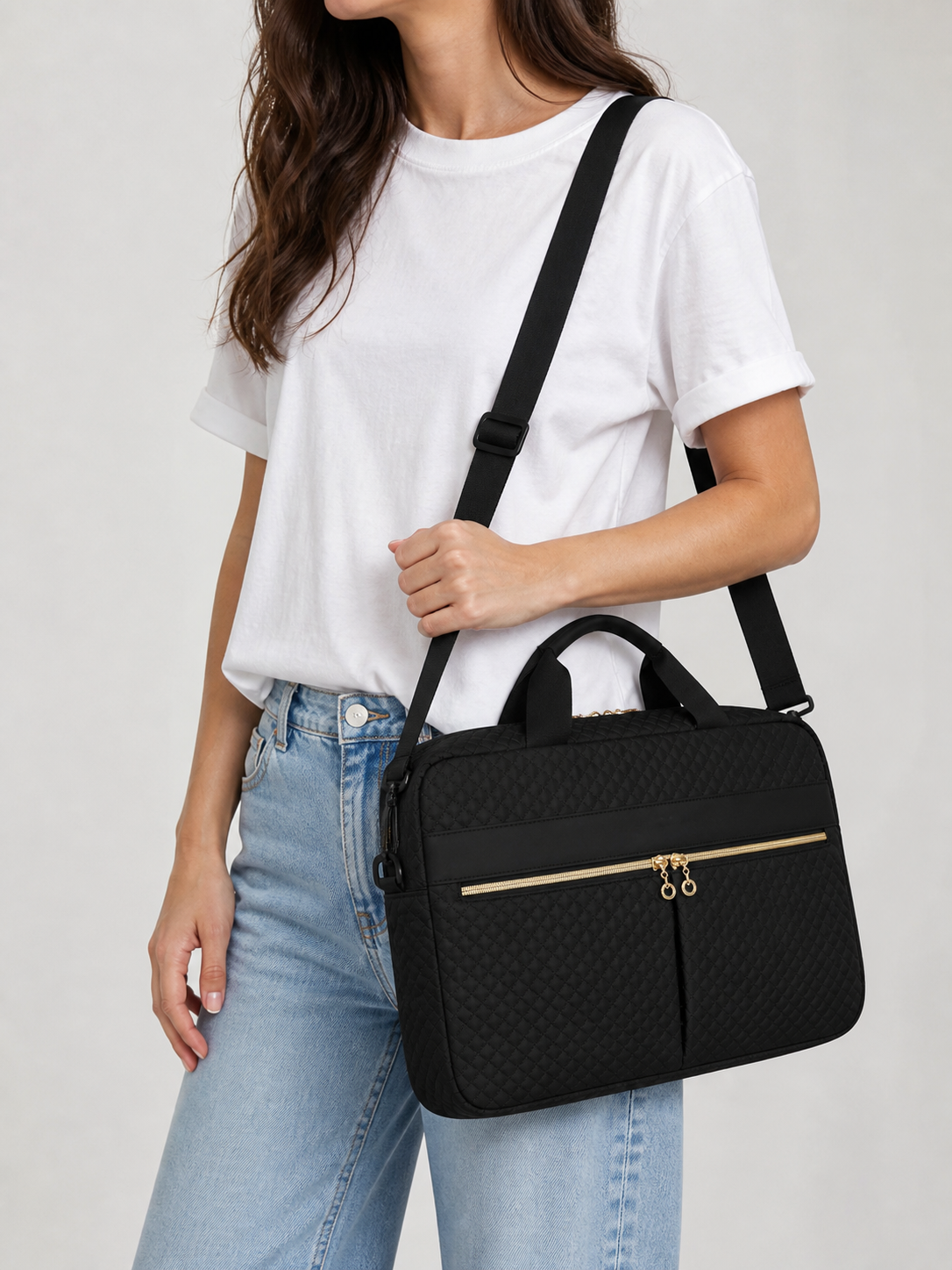 Quilted Laptop Bag with Front Zip Pockets