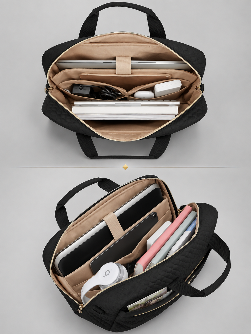 Quilted Laptop Bag with Front Zip Pockets