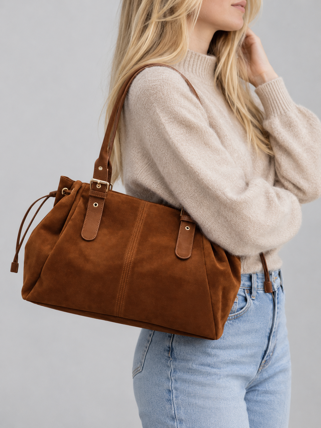 Structured Suede-Finish Tote with Side Cinches