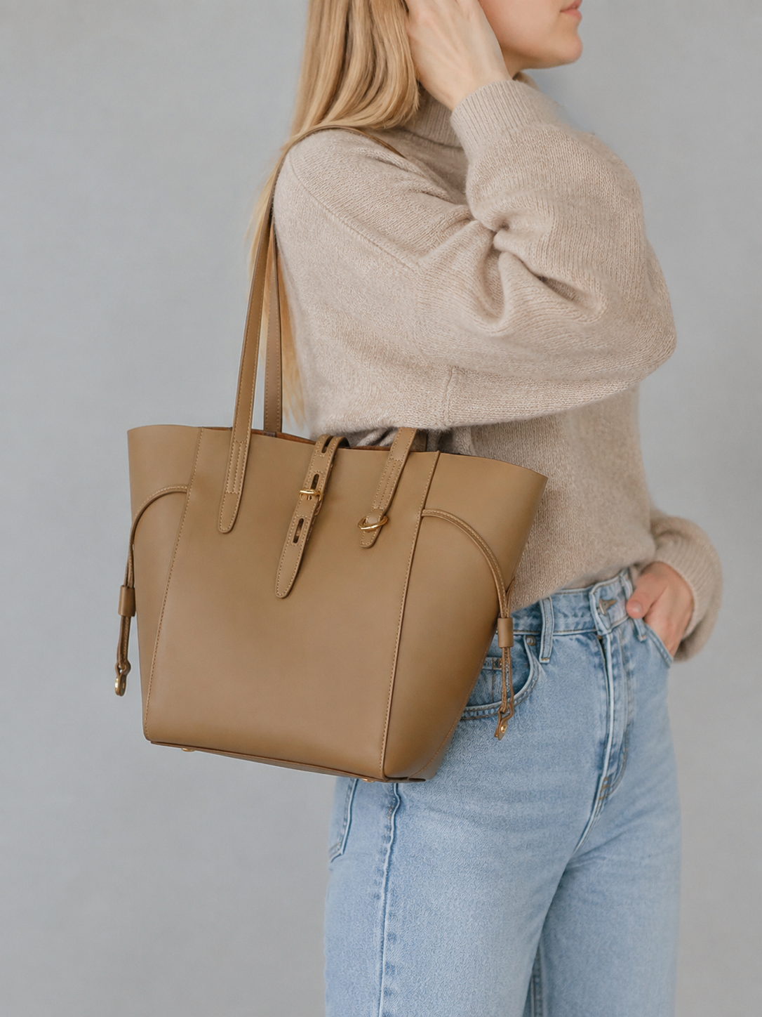 Winged Leather Tote with Removable Pouch