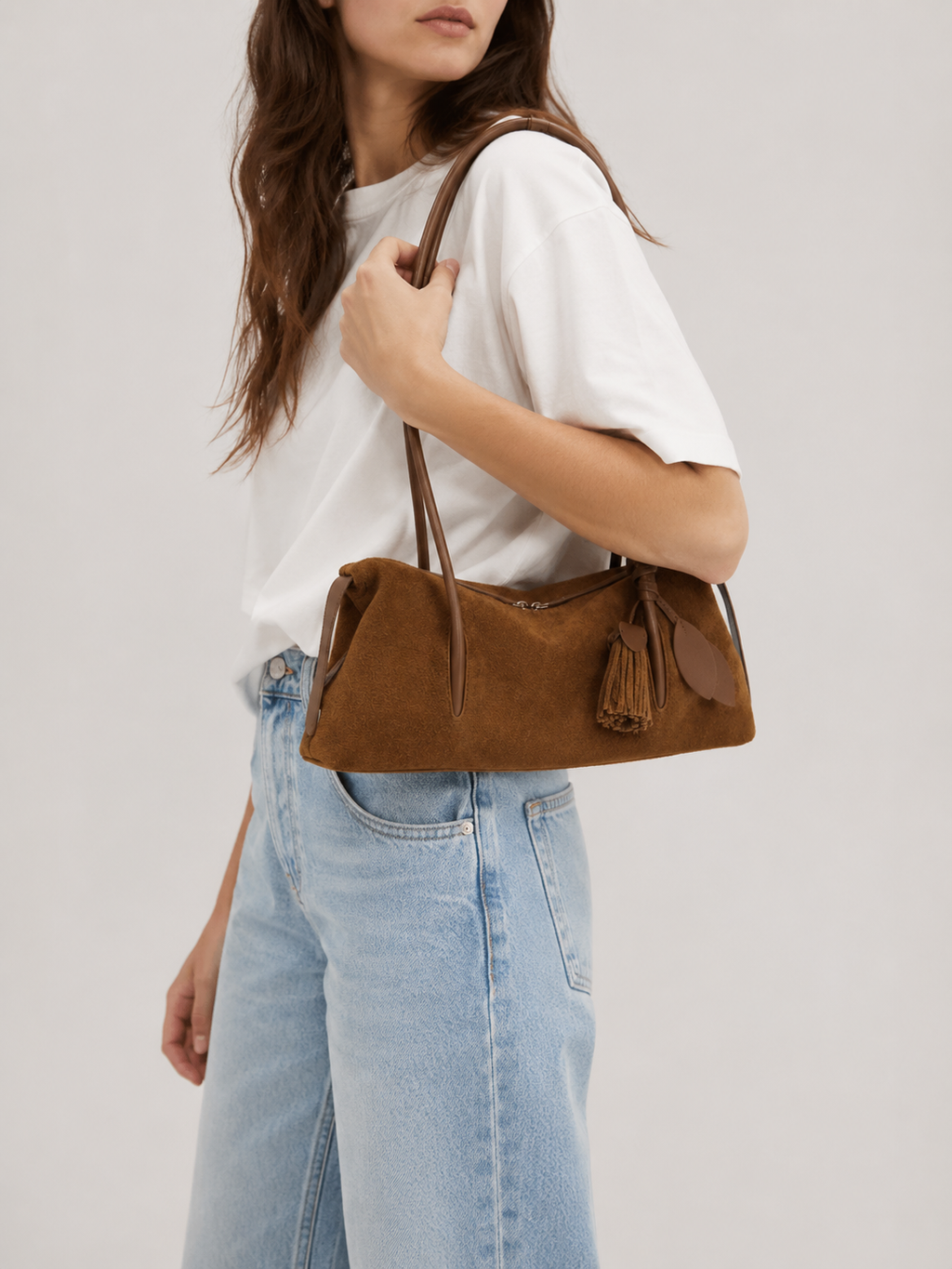 Suede and Leather Pillow Bag with Tassel