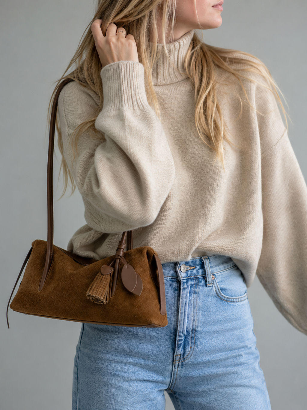 Suede and Leather Pillow Bag with Tassel
