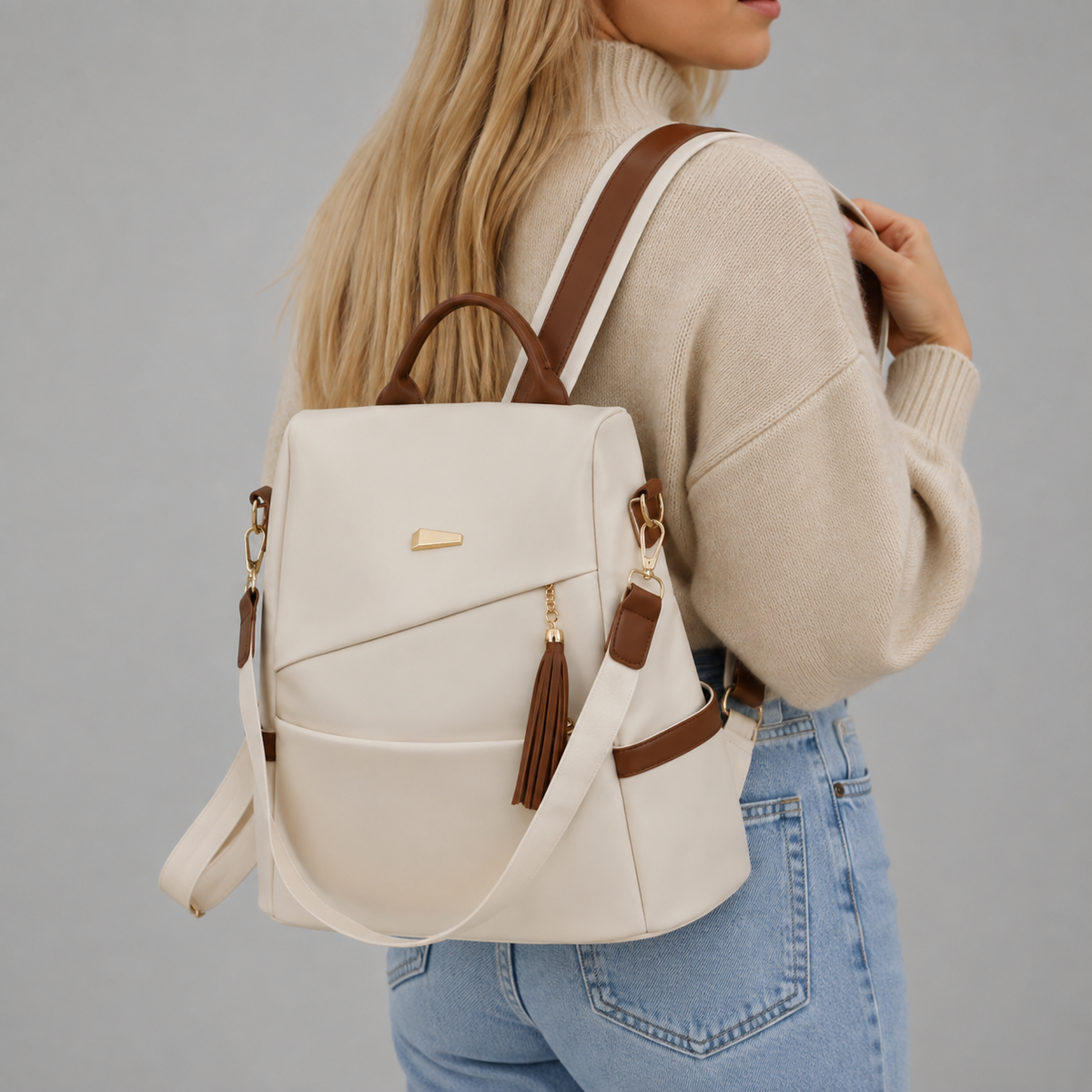 Nylon Backpack with Tassel Pocket