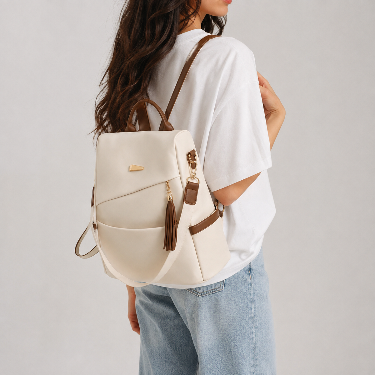 Nylon Backpack with Tassel Pocket