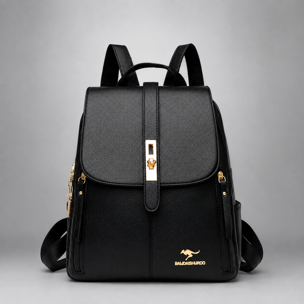 Structured Vegan Leather Backpack with Buckle Flap