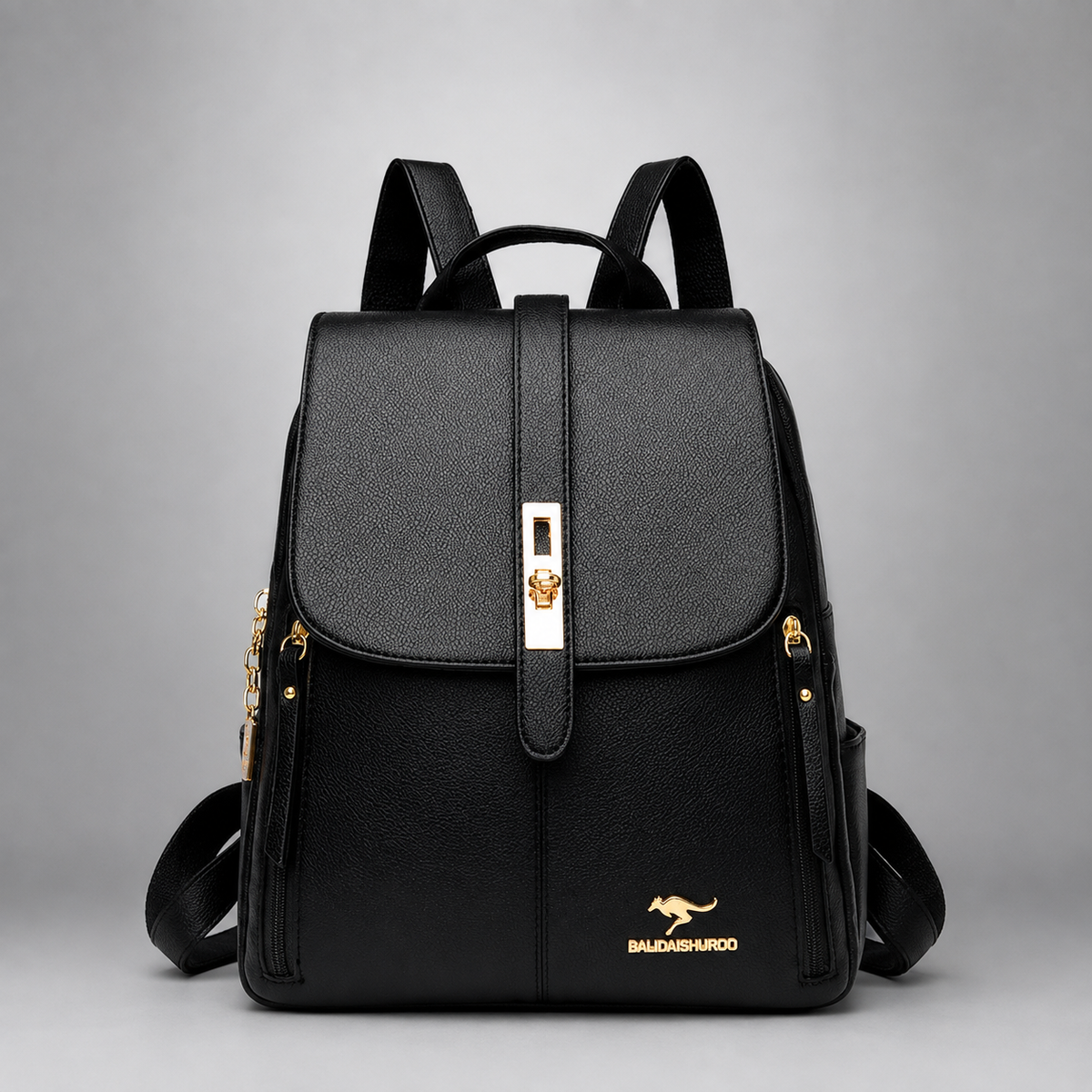 Structured Vegan Leather Backpack with Buckle Flap