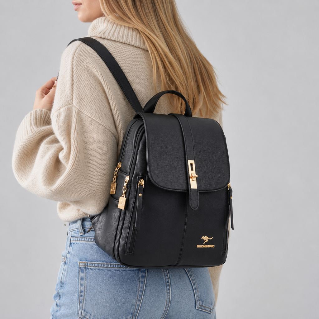 Structured Vegan Leather Backpack with Buckle Flap