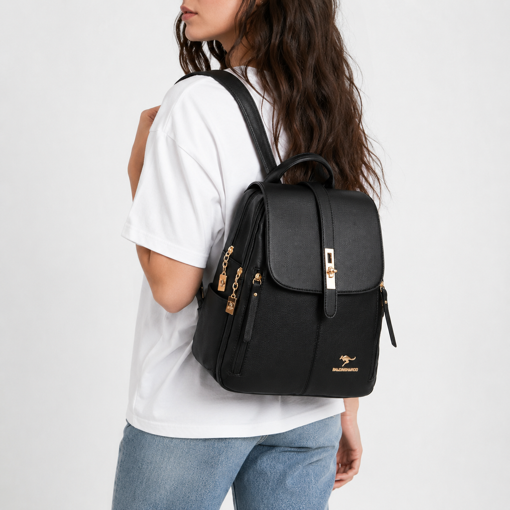 Structured Vegan Leather Backpack with Buckle Flap