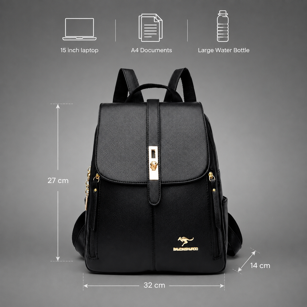 Structured Vegan Leather Backpack with Buckle Flap