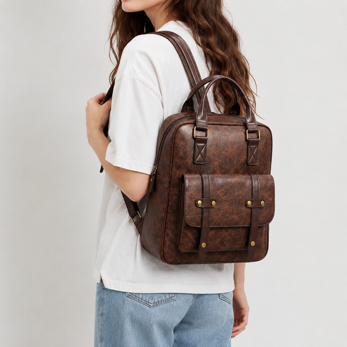 Vintage Vegan Leather Backpack with Buckle Flap