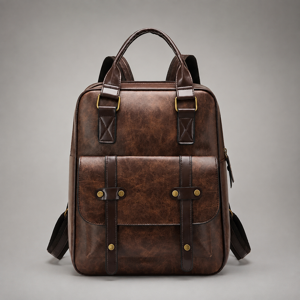Vintage Vegan Leather Backpack with Buckle Flap