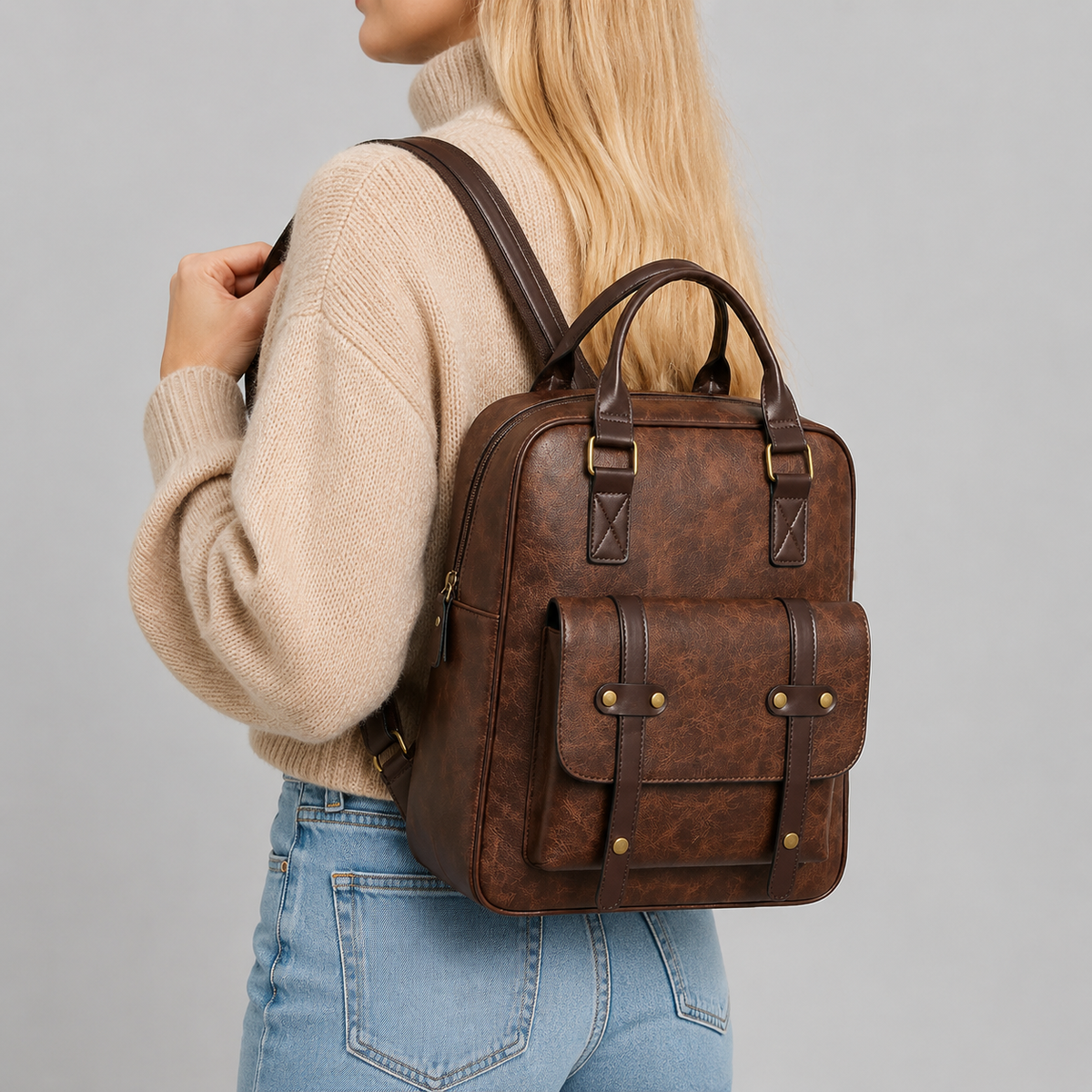 Vintage Vegan Leather Backpack with Buckle Flap