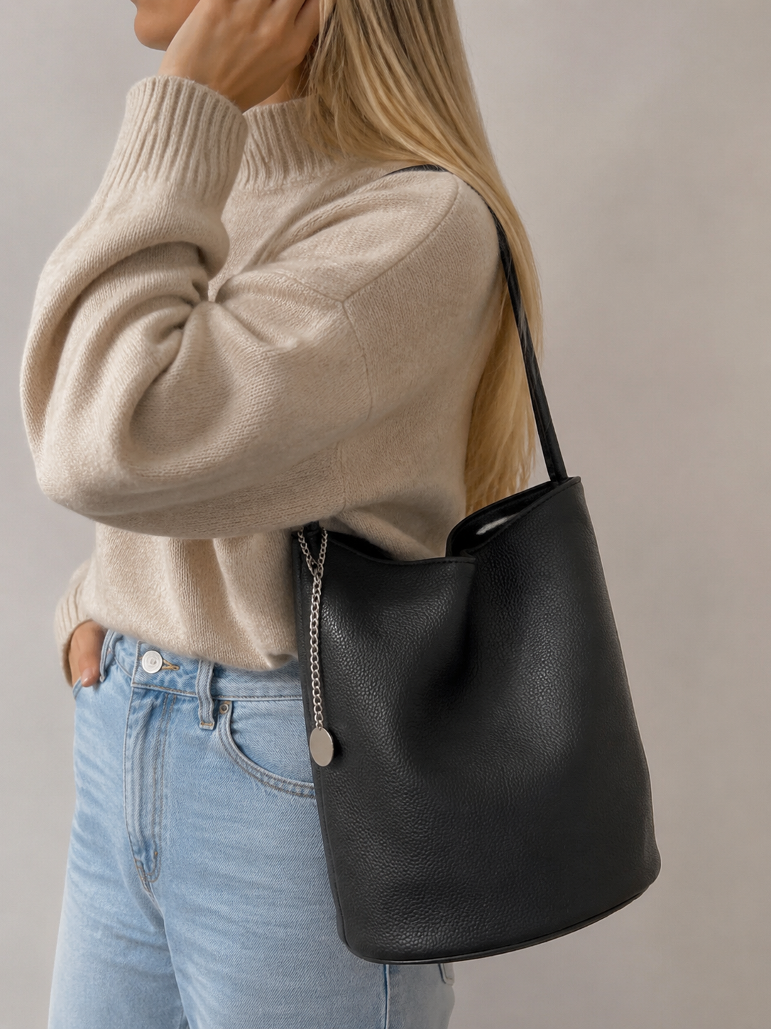 Cinched Vegan Leather Bucket Bag