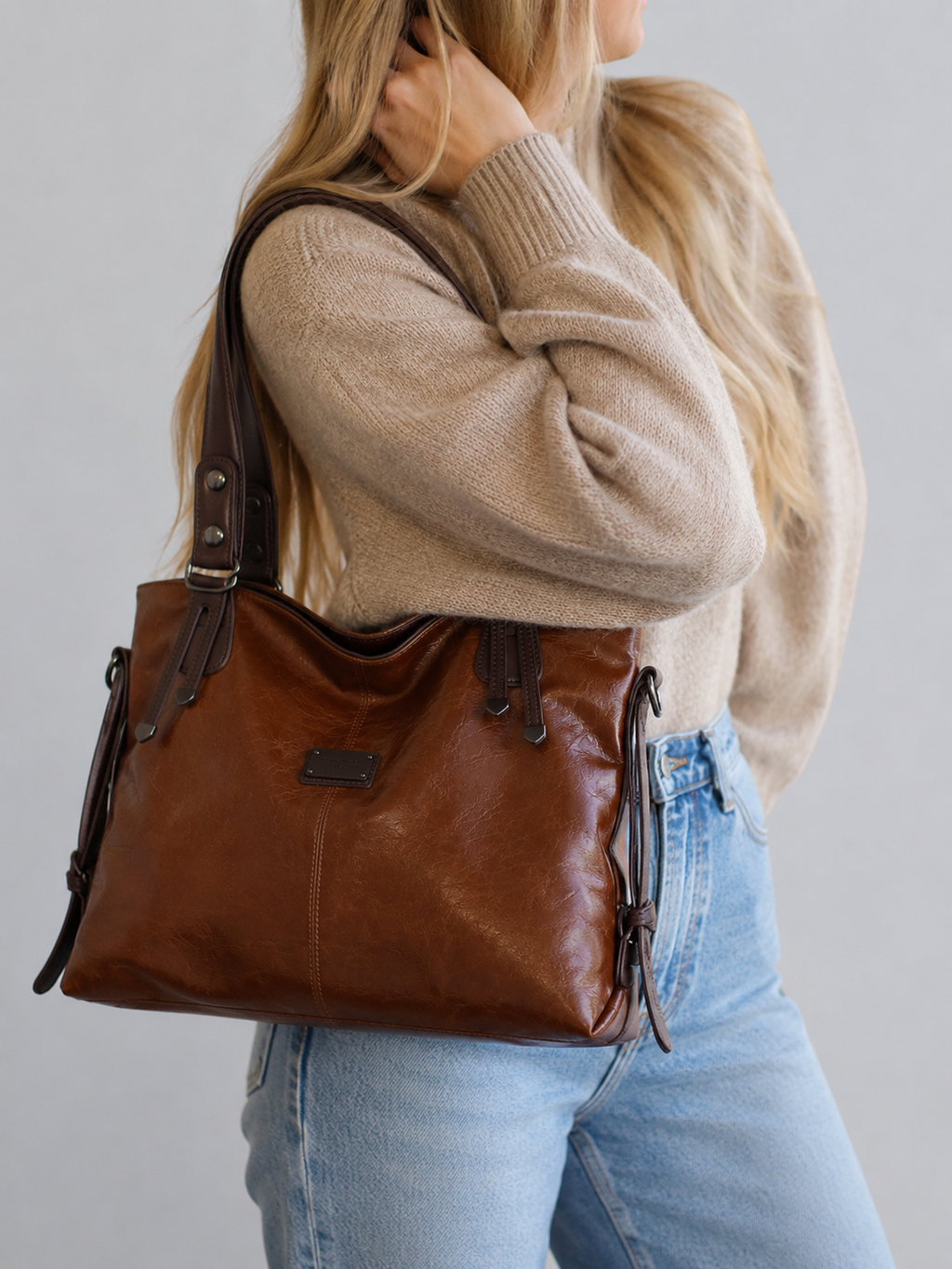 Soft Vegan Leather Tote with Belted Handles