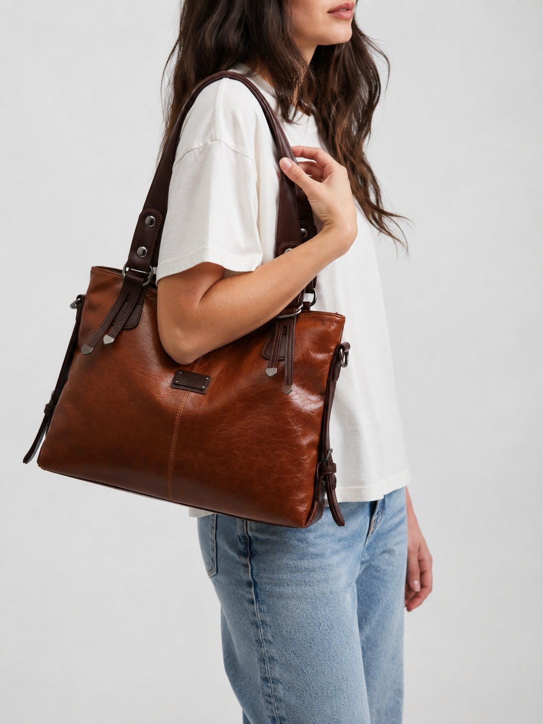Soft Vegan Leather Tote with Belted Handles