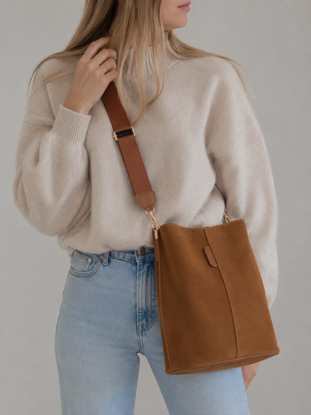 Vegan Suede Bucket Bag with Two Straps
