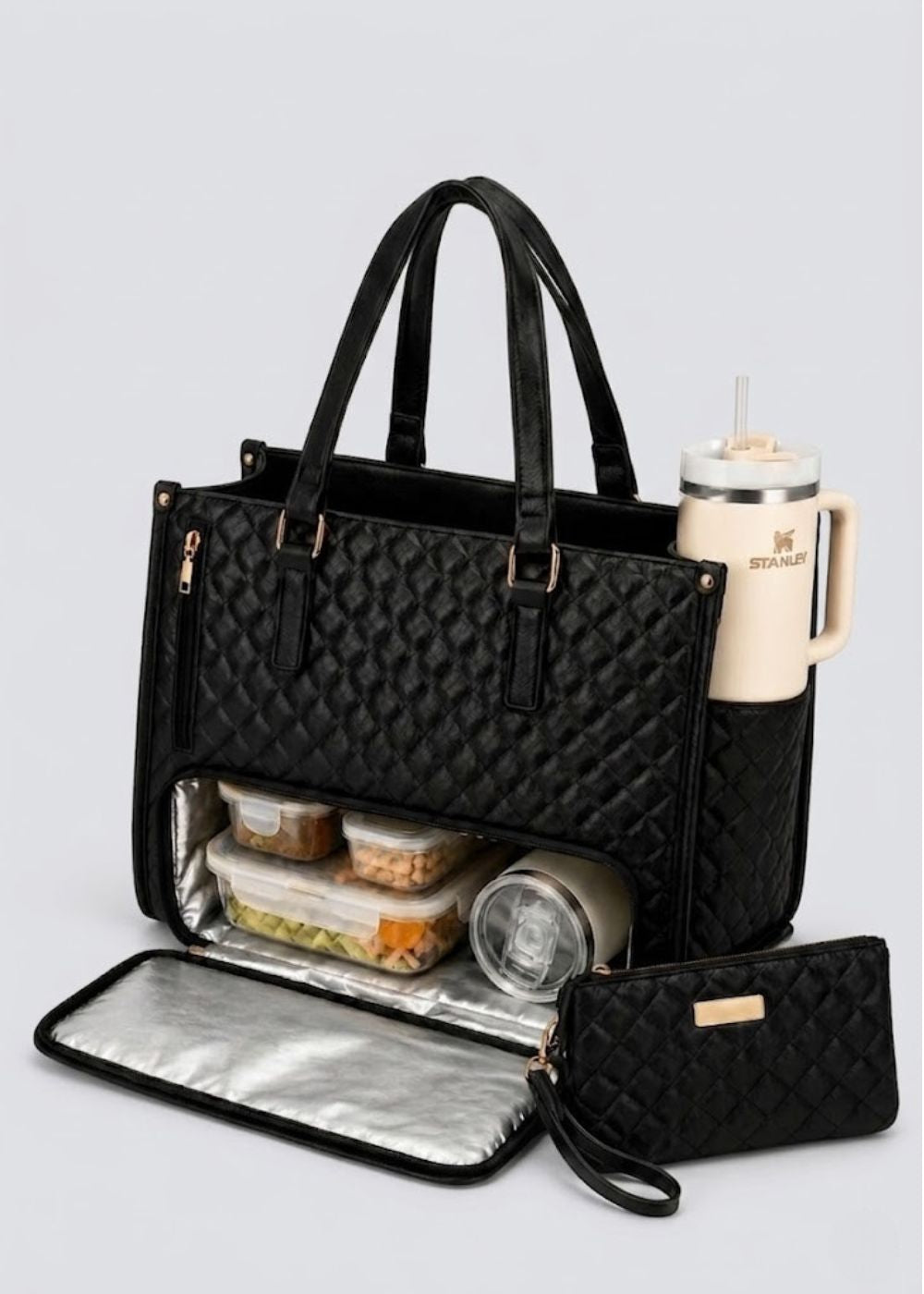 Quilted Insulated Lunch Work Tote in Black
