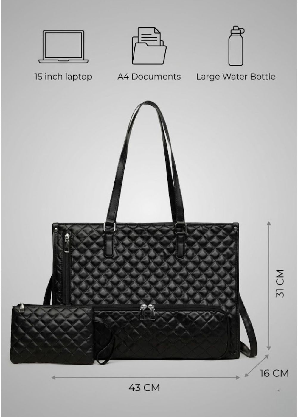 Quilted Insulated Lunch Work Tote in Black