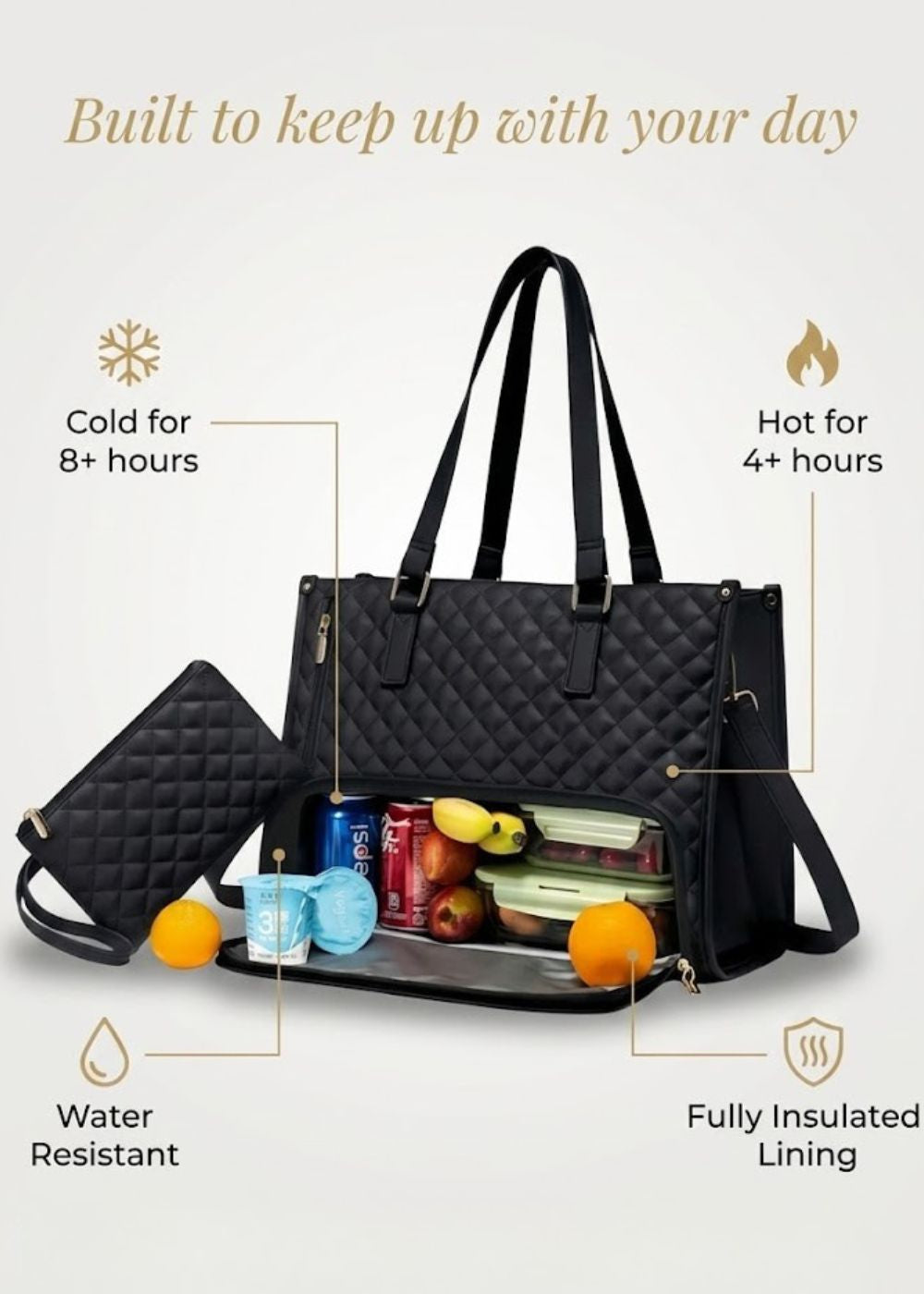 Quilted Insulated Lunch Work Tote in Black