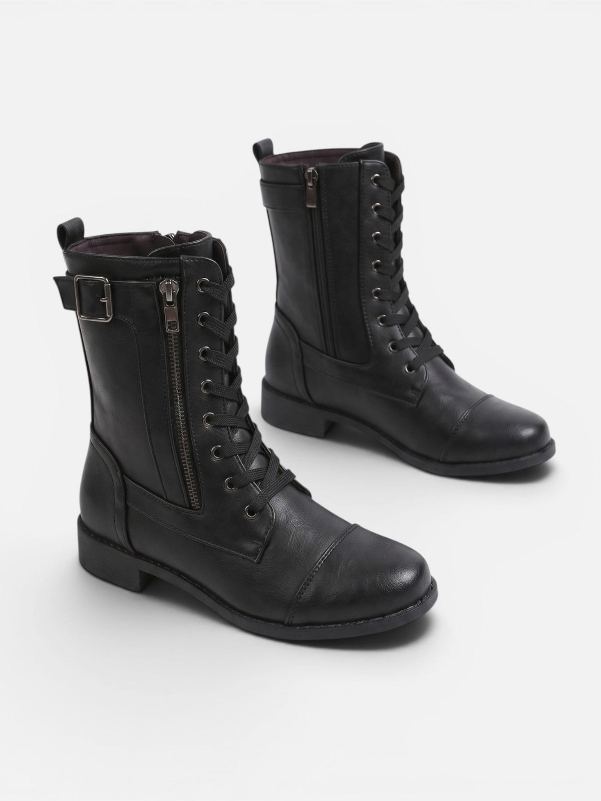 Lace-Up Leather Combat Boots with Side Zip