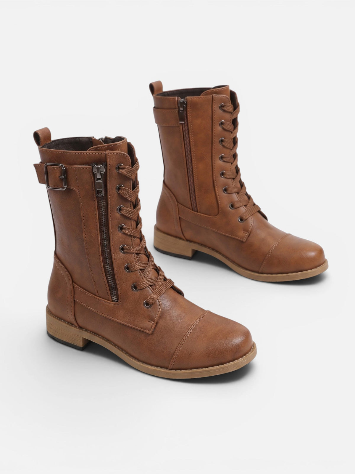 Lace-Up Leather Combat Boots with Side Zip