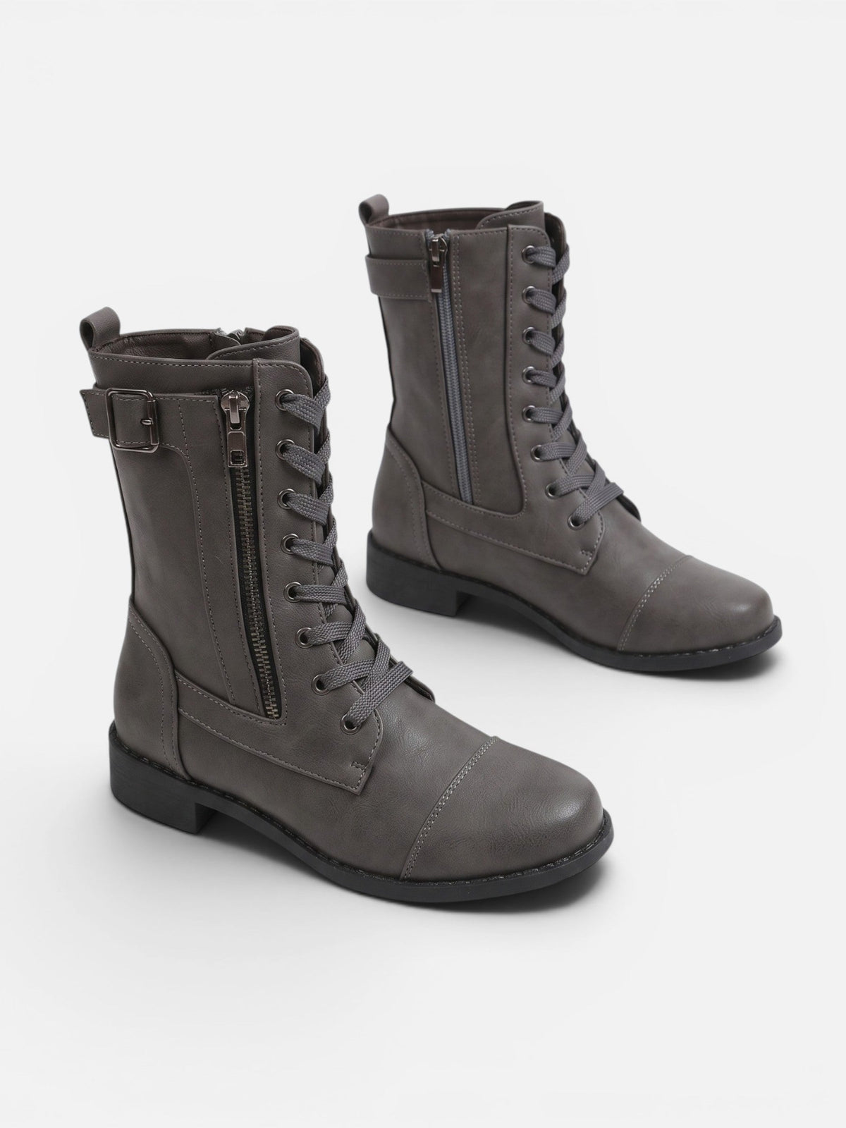 Lace-Up Leather Combat Boots with Side Zip