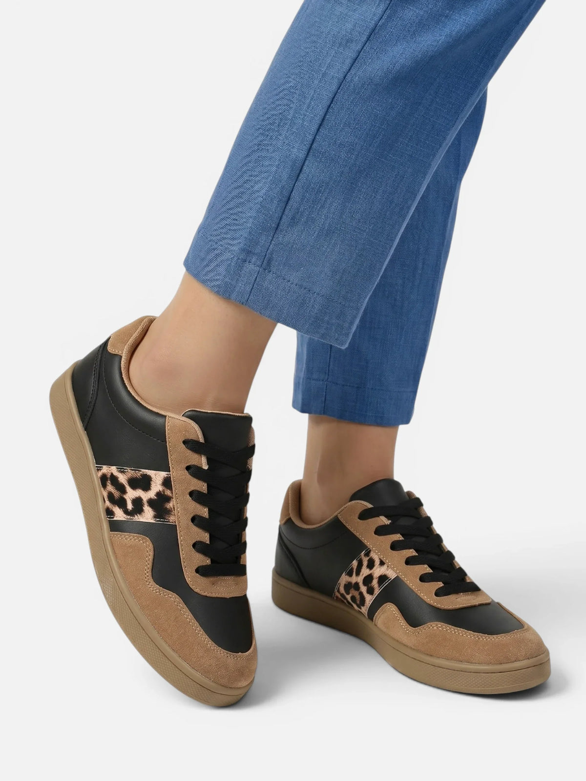 Retro Trainers with Leopard Print Stripe