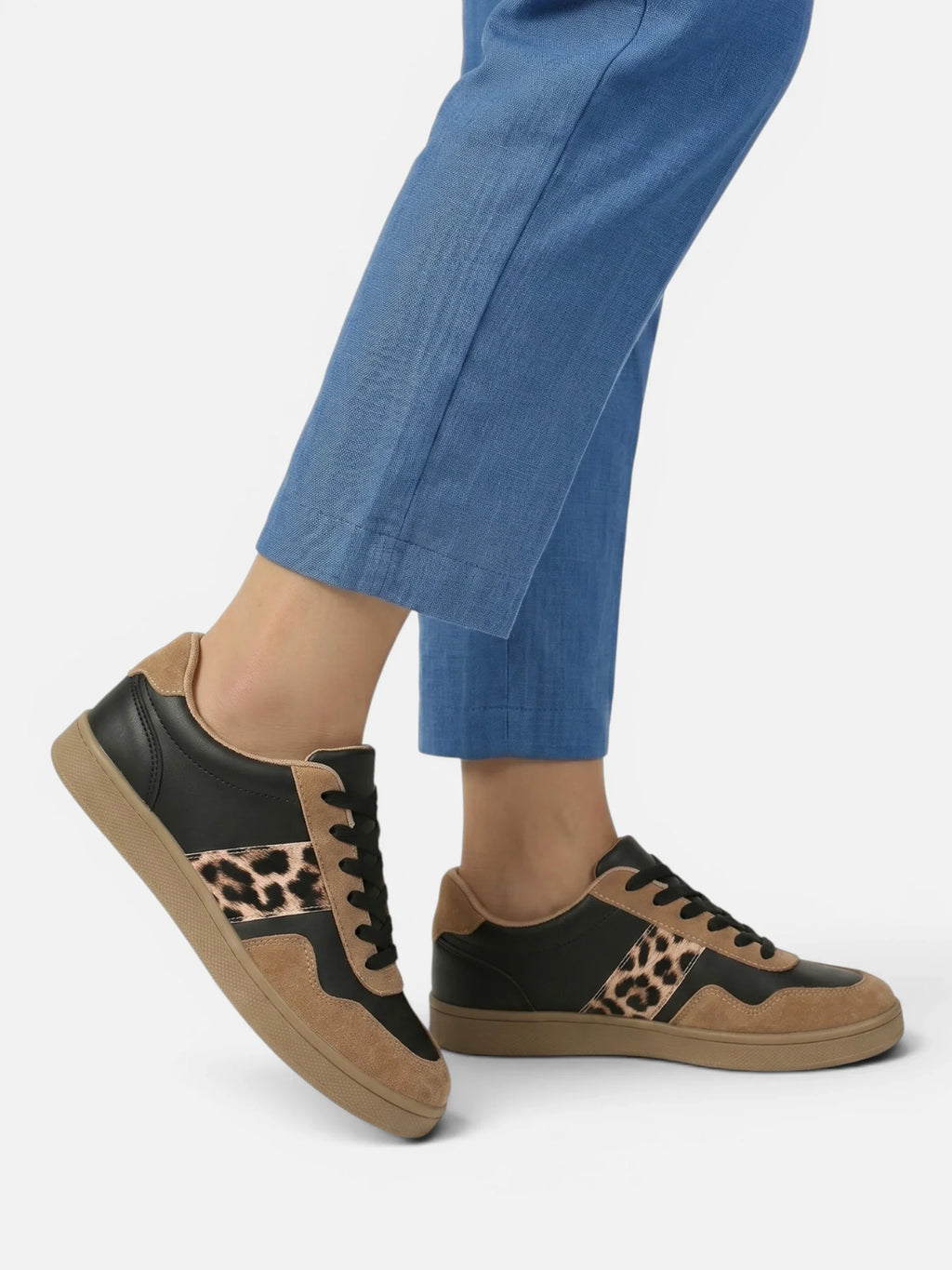 Retro Trainers with Leopard Print Stripe