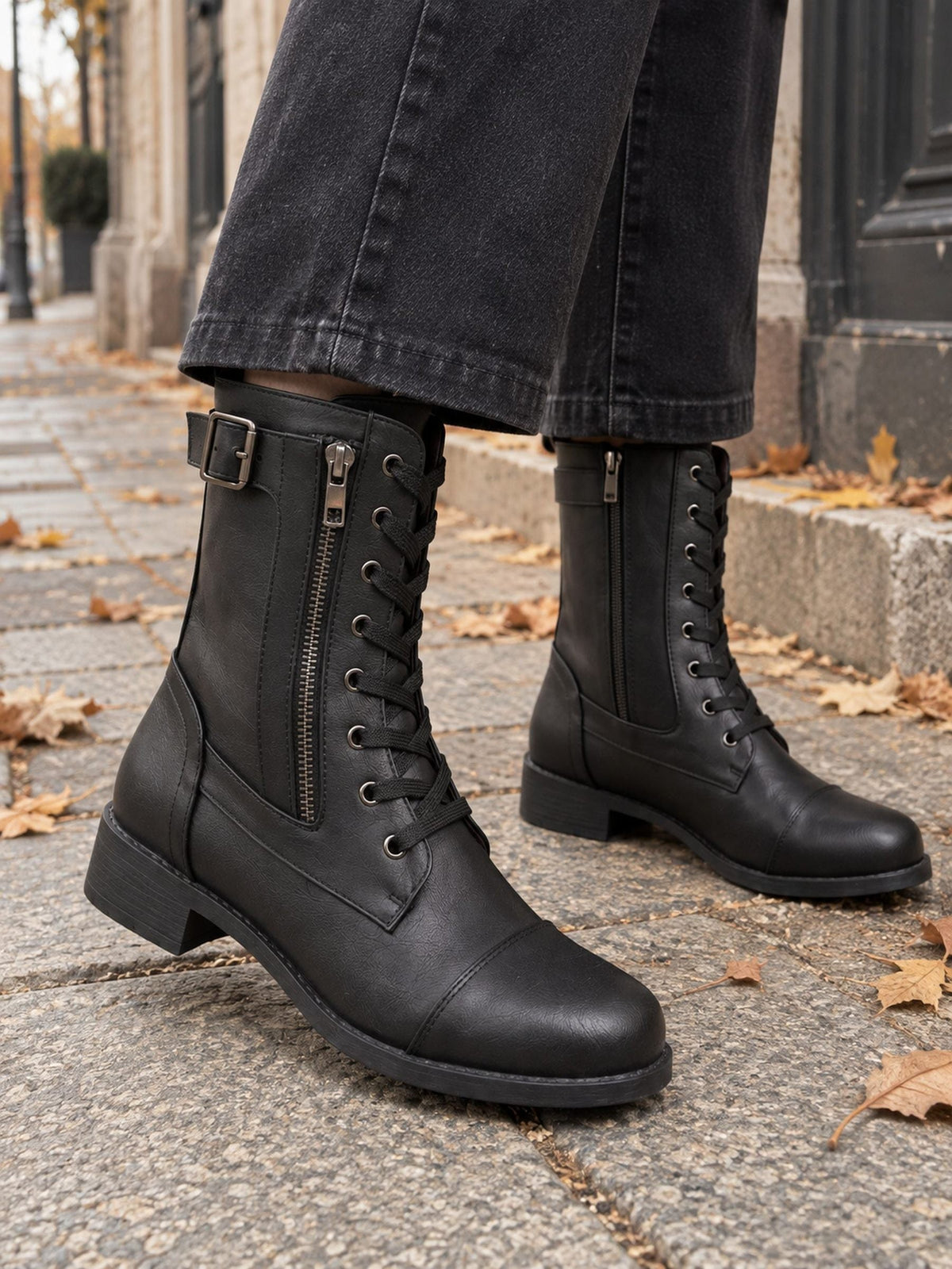 Lace-Up Leather Combat Boots with Side Zip